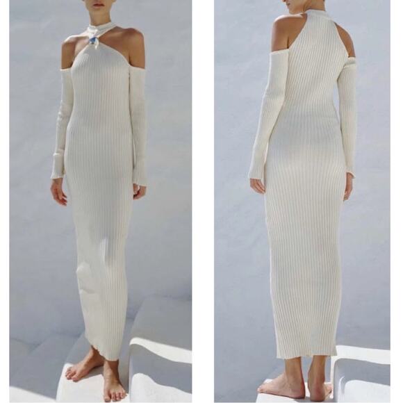 BAOBAB Yumiko Silver Embellished Long Sleeve Cutout Coconut Knit Maxi Dress Sz M - Picture 4 of 10